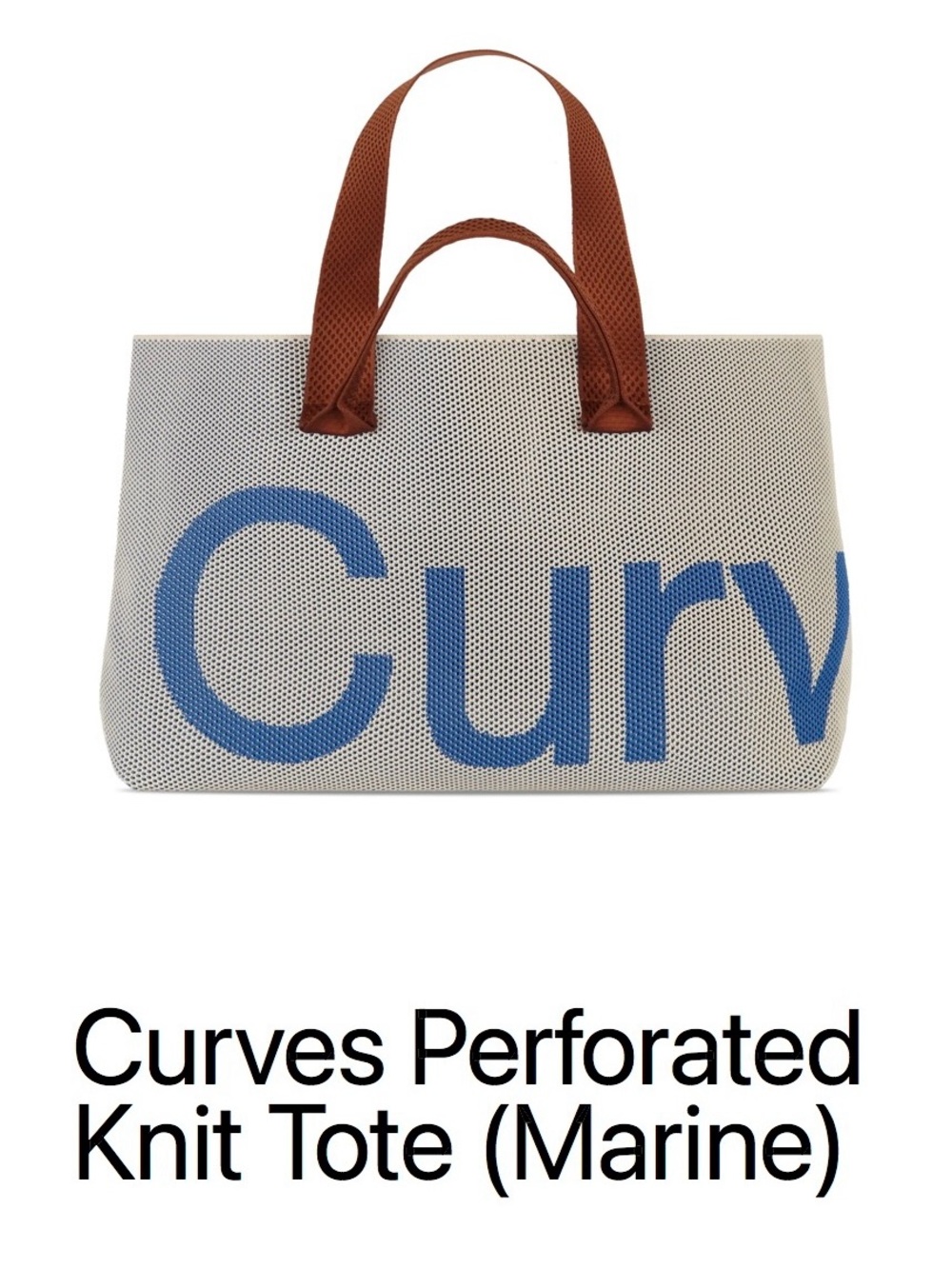 Perforated Knit Tote in Marine Blue with Brown Handles